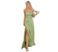 Vtorliya Women Spaghetti Straps Satin Bridesmaid Dresses for Wedding Square Neck Long Satin Formal Evening Gown with Slit Sage Green