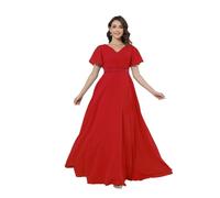 Vtorliya Women's Chiffon Bridesmaid Dress V-Neck Ruffle Sleeves Formal Dresses with Pockets Ruched Bust A Line Evening Gown Long Red