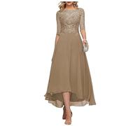Vtorliya Women's Lace Appliques Mother of The Bride Dress A Line Tea Length 3/4 Sleeves Chiffon Formal Evening Gown Taupe