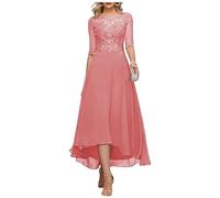 Vtorliya Women's Lace Appliques Mother of The Bride Dress A Line Tea Length 3/4 Sleeves Chiffon Formal Evening Gown Coral