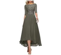 Vtorliya Women's Lace Appliques Mother of The Bride Dress A Line Tea Length 3/4 Sleeves Chiffon Formal Evening Gown Grey