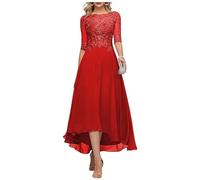 Vtorliya Women's Lace Appliques Mother of The Bride Dress A Line Tea Length 3/4 Sleeves Chiffon Formal Evening Gown Red