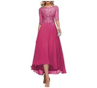 Vtorliya Women's Lace Appliques Mother of The Bride Dress A Line Tea Length 3/4 Sleeves Chiffon Formal Evening Gown Hot Pink