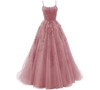 Vtorliya Women's Lace Appliques Prom Dresses Long Tulle Spaghetti Straps Ball Gowns Corset Backless Evening Dress Dusty Rose