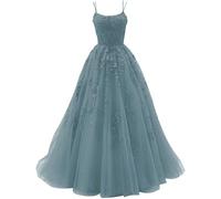 Vtorliya Women's Lace Appliques Prom Dresses Long Tulle Spaghetti Straps Ball Gowns Corset Backless Evening Dress Dusty Blue
