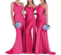 Vtorliya Women's One Shoulder Wedding Bridesmaid Dresses Long Ruched Bodycon Satin Formal Prom Evening Gowns Hot Pink