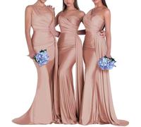 Vtorliya Women's One Shoulder Wedding Bridesmaid Dresses Long Ruched Bodycon Satin Formal Prom Evening Gowns Dusty Rose