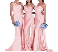 Vtorliya Women's One Shoulder Wedding Bridesmaid Dresses Long Ruched Bodycon Satin Formal Prom Evening Gowns Pink