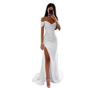Vtorliya Women's Sequin Mermaid Prom Dresses Off Shoulder V Neck Long Ball Gown Ruched Sparkly Formal Evening Party Dress White