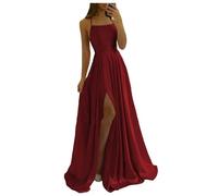 Vtorliya Women's Spaghetti Straps Satin Prom Dresses Long Ball Gown Slit A Line Formal Evening Dress with Pockets Burgundy