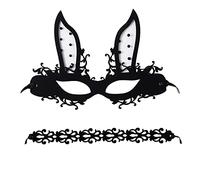 vtrem 2 Pcs Masquerade Mask Set Mesh Bunny Ears Mask & Choker Black Halloween Gothic Steampunk Cosplay Mask for Women