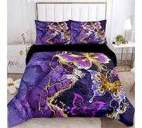 VTRXEG Butterfly Bedding Sets, Purple Butterfly Pattern Double Duvet Cover Set with Zipper + 2 Pillowcases (200x200cm)