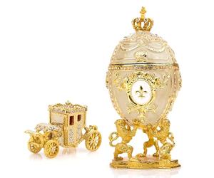 Vtry Decorative Russian Easter Egg Replica Extra Large 6.6 inch Hand Painted Jewelry Trinket Box for The Ultimate Home Decor Comes with Gift Vintage Carriage (Beige)
