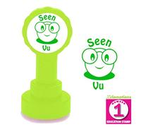 Vu/Seen (by teacher) - French Language Teacher Stamp. 22mm Xclamations, Green Ink, Smiley Face Design