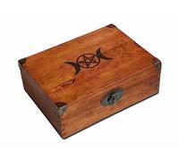 vuagmiv Triple Moon Goddess and Pentagram Engraved Large Wooden Chest Box with Lock, Wiccan Supplies and Tools Storage Box 13"