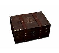vuagmiv Wood and Leather Chest Box, Pentagram Engraved Wooden Box, Pentacle Wiccan Supplies and Tools Storage Box, with Velvet Lining Home Decor Keepsake Container