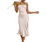 VUBIYA 2024 Summer Satin Tube Tops Slit Wedding Guest Dress for Women Elegant Sexy Strapless Halter Neck Midi Dresses, Champagne, S