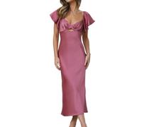 VUBIYA Summer Satin Off The Shoulder Flutter Sleeve Cutout Midi Dresses for Women Ruched Sweetheart Neckline Tie Back Cocktail Dress, Plum, XL