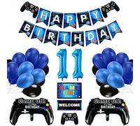 Vubkkty 11th Birthday Decorations for Boys, Gaming Party Decorations Supplies Set, Controller Balloons and Blue Black Balloons, HAPPY BIRTHDAY GAME ON WELCOME Hanging Banner for Boys