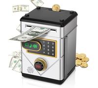 Vubkkty Piggy Bank for Boys, Digital Money Box Kids Safe with Password, ATM Piggy Banks Money Saving Box, Touchscreen Money Bank Cash Coin Can Safe Boxes, Girls Toys Age 6-12 Chirstmas Gifts(Silver)