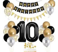 VUCDXOP 10th Birthday Decorations for Boy Girl, Black Gold Silver Balloons, 'HAPPY BIRTHDAY' Banner, Cake Topper, 10th Party Decoration