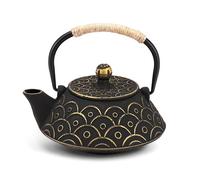 VUDECO Japanese Teapot Cast Iron Tea Kettle with Infuser Japanese Tea Set Tea Pots with Infusers for Loose Tea Kettle Set Cast Iron Tea Kettle Stove Top Safe, Black with Gold Wave Pattern 30oz / 900ml