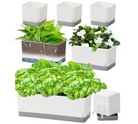 Vugosson Self Watering Planters Pots for Indoor Plants, 7 Pack Plastic Planter Box Flower Pots for Indoor Outdoor Plants, Rectangle Herb Planter Window Boxes Planterswith Drainage, Light Gray Tray