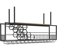 VUIKLCty Ceiling Mounted Hanging Wine Rack with Glass Holder - Black Wine Bottle & Floating Wall Bar Shelf(90cm/35.4inch)