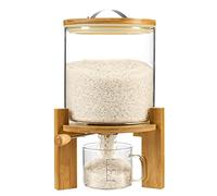 Vuinop Rice Dispenser, Rice Storage Container：Flour and Cereal Container with Airtight Lid and Wooden Stand, Glass Food Storge Container for Kitchen Organization and Pantry Store (5L)