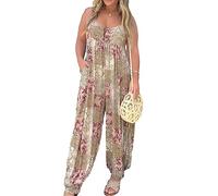 VUIOYRG Patchwork Print Loose Jumpsuit,Summer Casual Floral Loose Wide Leg Jumpsuits With Pockets,Travel Printed Beach Rompers (Khaki,XL)