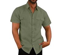 VUIOYRG Stretch Short Sleeve Shirt with Pockets,Men's Summer Cotton Button Down Casual Shirts,Plain Regular Fit Casual Business Shirt, Lightweight Beach Tops (Green,L)