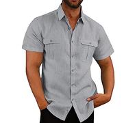 VUIOYRG Stretch Short Sleeve Shirt with Pockets,Men's Summer Cotton Button Down Casual Shirts,Plain Regular Fit Casual Business Shirt, Lightweight Beach Tops (Gray,L)