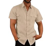 VUIOYRG Stretch Short Sleeve Shirt with Pockets,Men's Summer Cotton Button Down Casual Shirts,Plain Regular Fit Casual Business Shirt, Lightweight Beach Tops (Apricot,L)