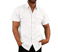 VUIOYRG Stretch Short Sleeve Shirt with Pockets,Men's Summer Cotton Button Down Casual Shirts,Plain Regular Fit Casual Business Shirt, Lightweight Beach Tops (White,M)