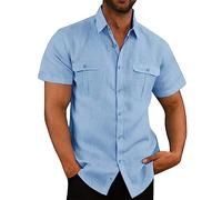 VUIOYRG Stretch Short Sleeve Shirt with Pockets,Men's Summer Cotton Button Down Casual Shirts,Plain Regular Fit Casual Business Shirt, Lightweight Beach Tops (Light Blue,2XL)