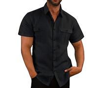 VUIOYRG Stretch Short Sleeve Shirt with Pockets,Men's Summer Cotton Button Down Casual Shirts,Plain Regular Fit Casual Business Shirt, Lightweight Beach Tops (Black,M)