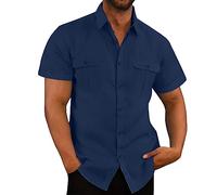 VUIOYRG Stretch Short Sleeve Shirt with Pockets,Men's Summer Cotton Button Down Casual Shirts,Plain Regular Fit Casual Business Shirt, Lightweight Beach Tops (Dark Blue,2XL)