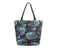 Vuiyean Blue and Black Monster Truck Car Canvas Tote Bag for Women with Zipper Pocket Reusable Grocery Shopping Bags Large Travel Shoulder Bag Handbag Bags