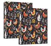 Vuiyean Colorful Chickens with Floral Black 1.5 Inch Binders 3 Ring with Clipboard&2 Pockets Large Heavy Duty Binders Decorative D-Ring Binder Flexible Hardcover Binders, Holds 200 Sheets-2 Pack
