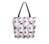 Vuiyean Cute Christmas Samoyed Dog Xmas Canvas Tote Bag for Women with Zipper Pocket Reusable Grocery Shopping Bags Large Travel Shoulder Bag Casual Handbag