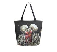 Vuiyean Gothic Skeleton Lover with Floral&mushroom Canvas Tote Bag for Women with Zipper Pocket Reusable Grocery Shopping Bags Large Travel Shoulder Bag Handbag Bags
