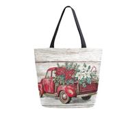 Vuiyean Wood Grain Vintage Truck Christmas Canvas Tote Bag for Women with Zipper Pocket Reusable Grocery Shopping Bags Large Travel Shoulder Bag Casual Handbag