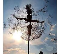 VUKHWX Fairies Dandelions Art Sculpture, Dance Together Yard Decorations, Stainless Steel Fairy Ornaments, Dancing Fairy Garden Sculpture with Dandelion for Outdoor Decoration Metal (H)