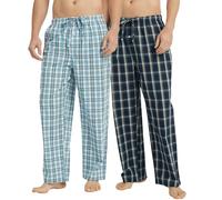 Vulcanodon 2 Pack Men's Cotton Pajama Pants, Soft Woven Pajama Pants for Men Plaid Pj Bottoms (Dark Blue+Aqua Blue, XL)