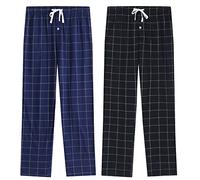 Vulcanodon 2 Pack Mens Cotton Pyjama Bottoms, Lightweight Sleep Pants with Pockets Soft Lounge Pajama Pants for Men Plaid Pj Bottoms (Navy+Black, L)