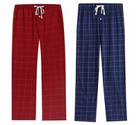 Vulcanodon 2 Pack Mens Cotton Pyjama Bottoms, Lightweight Sleep Pants with Pockets Soft Lounge Pajama Pants for Men Plaid Pj Bottoms (Navy+Burgundy, L)