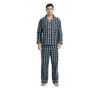 Vulcanodon Mens Cotton Pajama Set, Button Down Woven Pajama Set for Men Plaid Men's Sleepwear (Dark Blue, L)