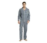 Vulcanodon Mens Cotton Pajama Set, Button Down Woven Pajama Set for Men Plaid Men's Sleepwear (Navy, S)