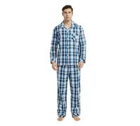 Vulcanodon Mens Cotton Pajama Set, Button Down Woven Pajama Set for Men Plaid Men's Sleepwear (Royal Blue, L)