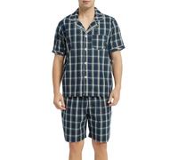 Vulcanodon Mens Cotton Pajama Set Short Sleeve, Button Down Pajama Set for Men Lightweight Men's Sleepwear (Dark Blue, M)